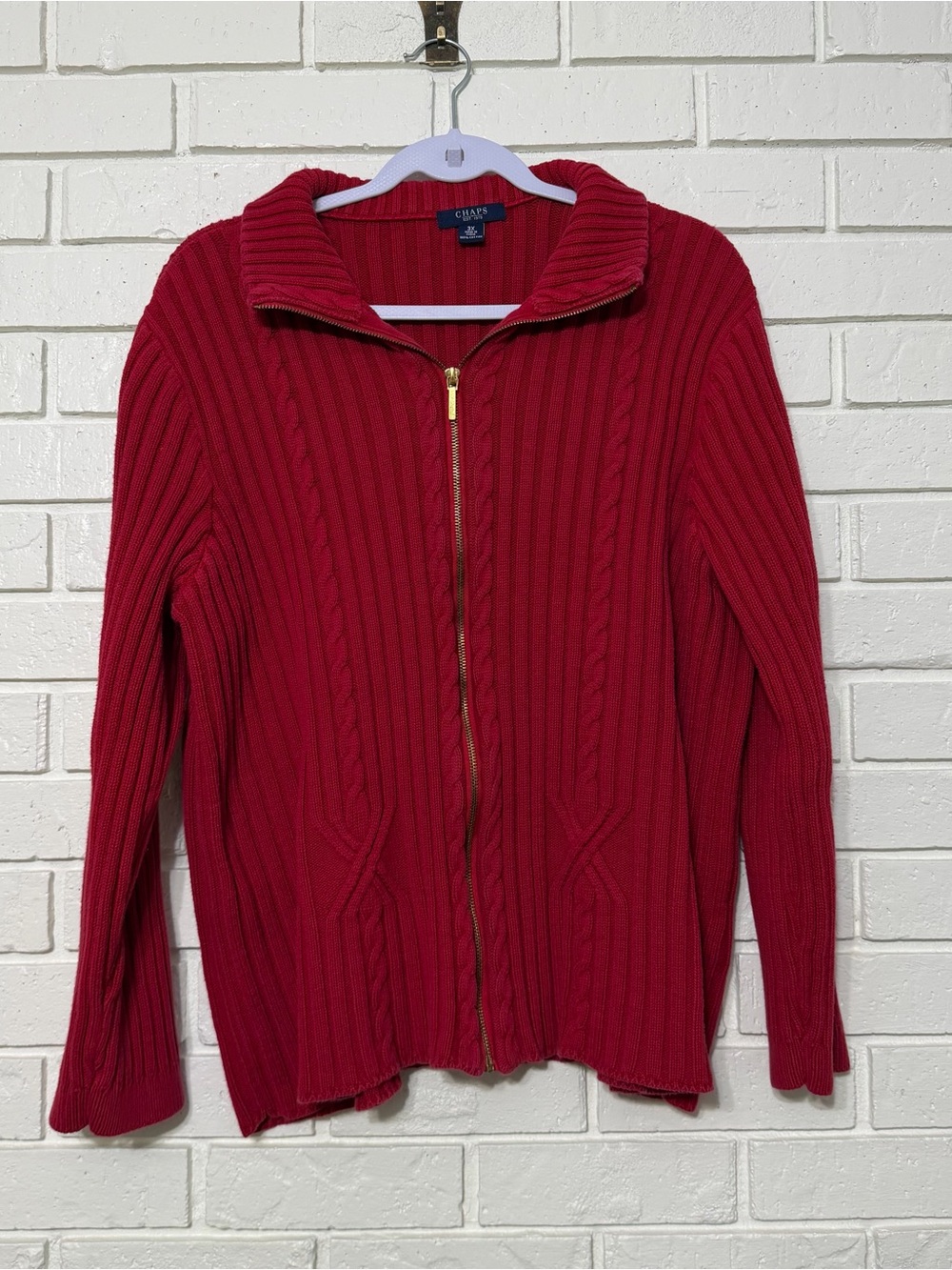 Chaps 3X Red Cable Knit Full Zip Sweater 100% Cotton